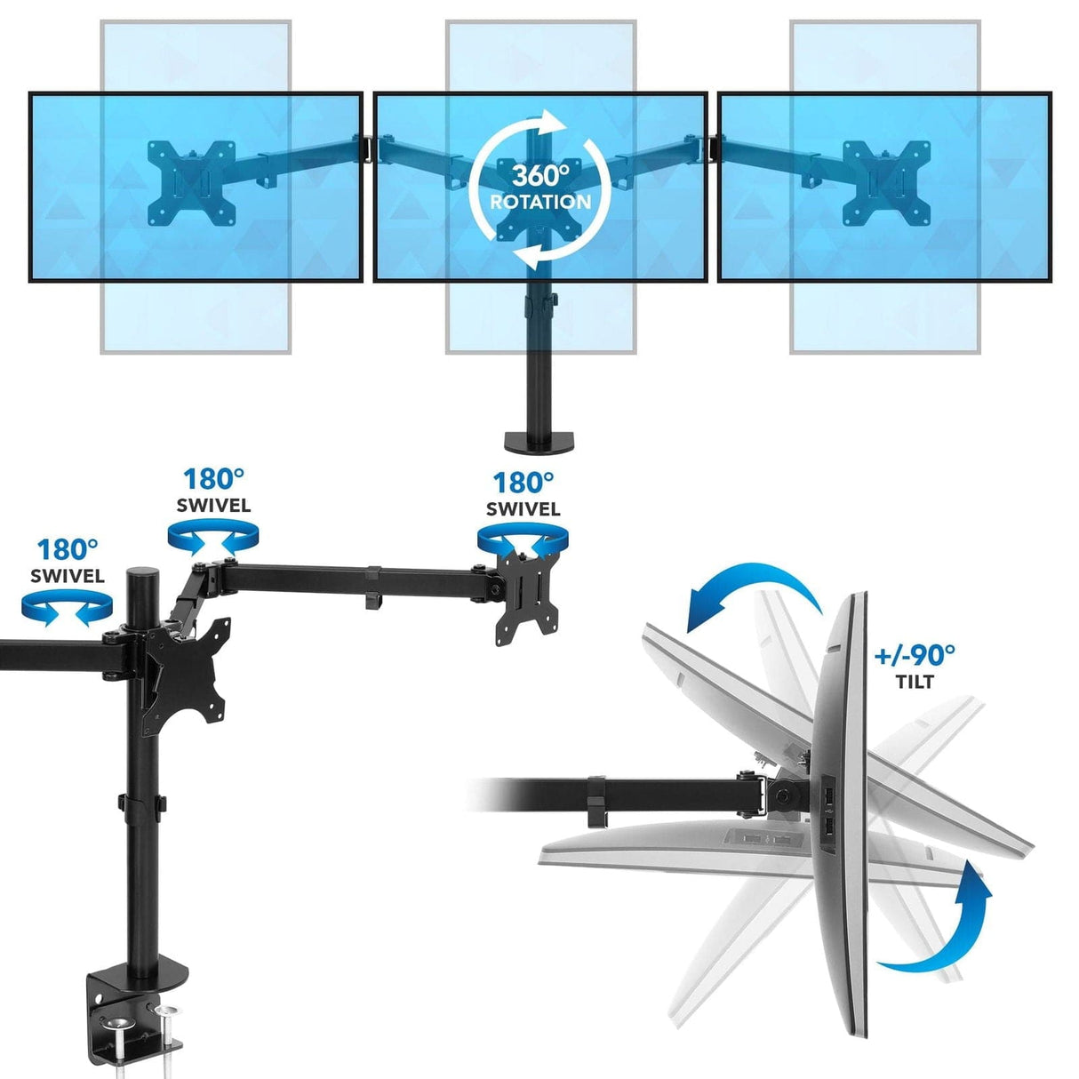 Black Monitor Mount - Full Motion Triple Monitor Desk Mount | 24" to 32" Monitors - Mount-It! - MI-753XL