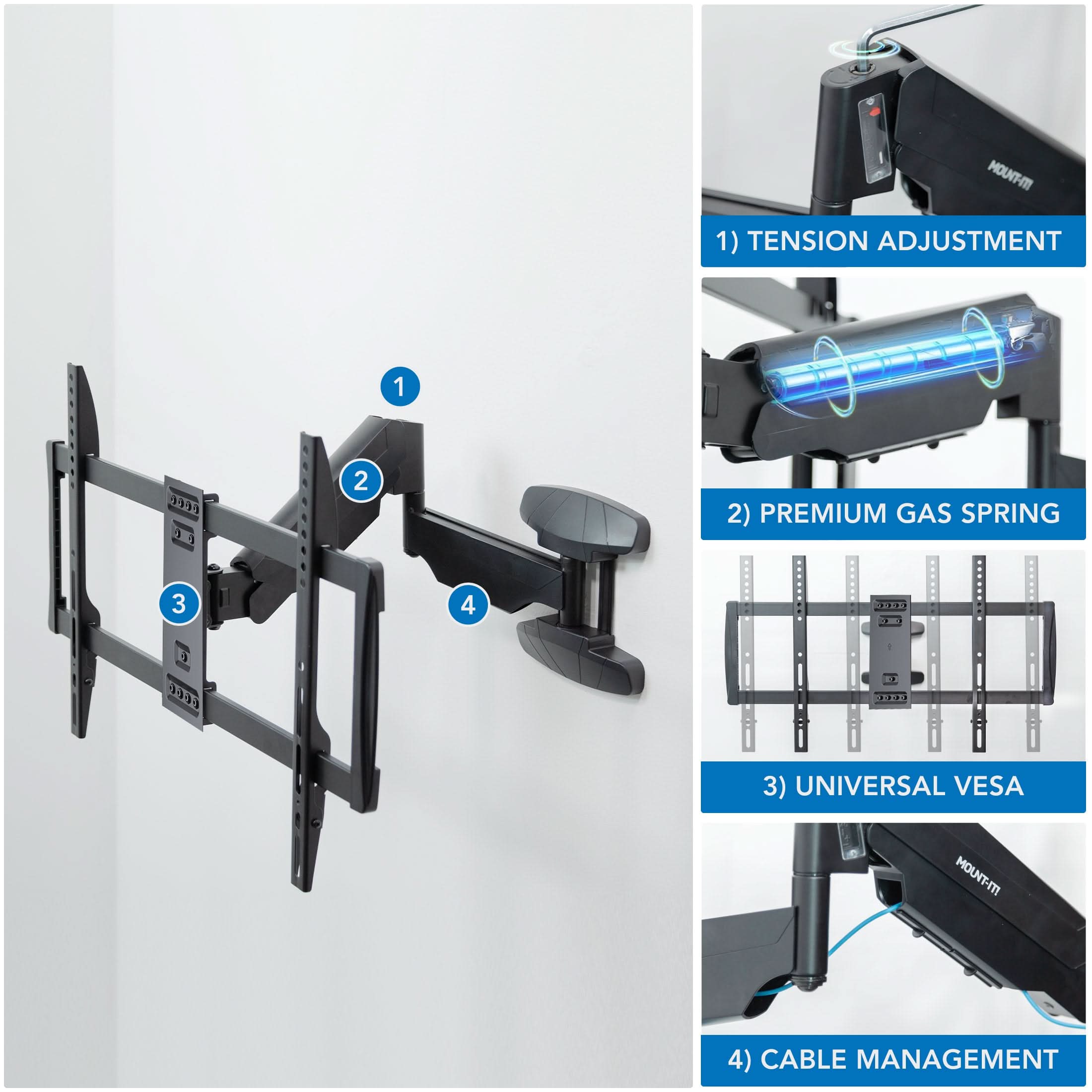 Mount-It! Full Motion TV Wall Mount with Gas Spring Arm for 37" to 80" TVs | holds up to 88 lbs | MI-445