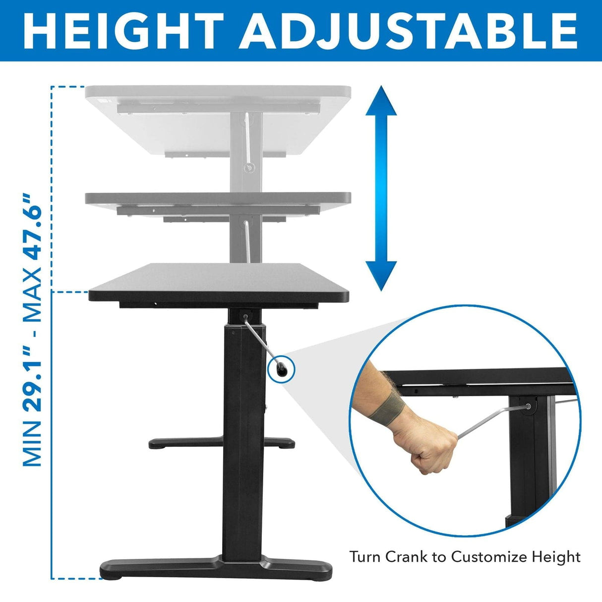 Black Standing Desk - Hand Crank Standing Desk with 55" Tabletop - Mount-It! - MI-7981
