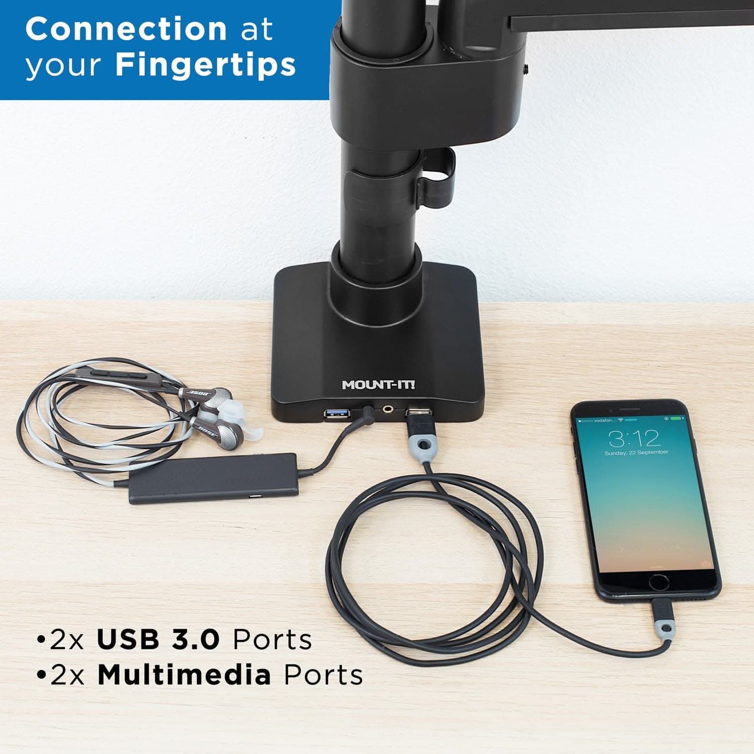 Mount-It! Heavy Duty Monitor Desk Mount w/ USB & Multimedia Ports for monitors up to 34" | holds up to 33 lbs | MI-4771 - Thumbnail 3