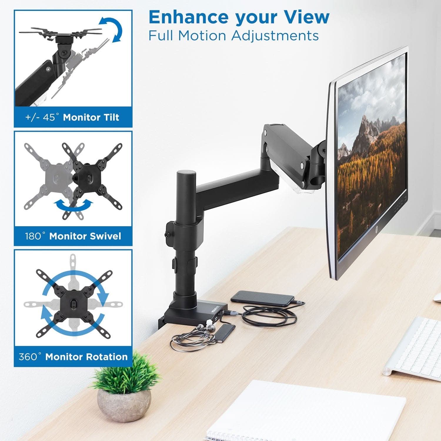 Mount-It! Heavy Duty Monitor Desk Mount w/ USB & Multimedia Ports for monitors up to 34" | holds up to 33 lbs | MI-4771 - Thumbnail 2