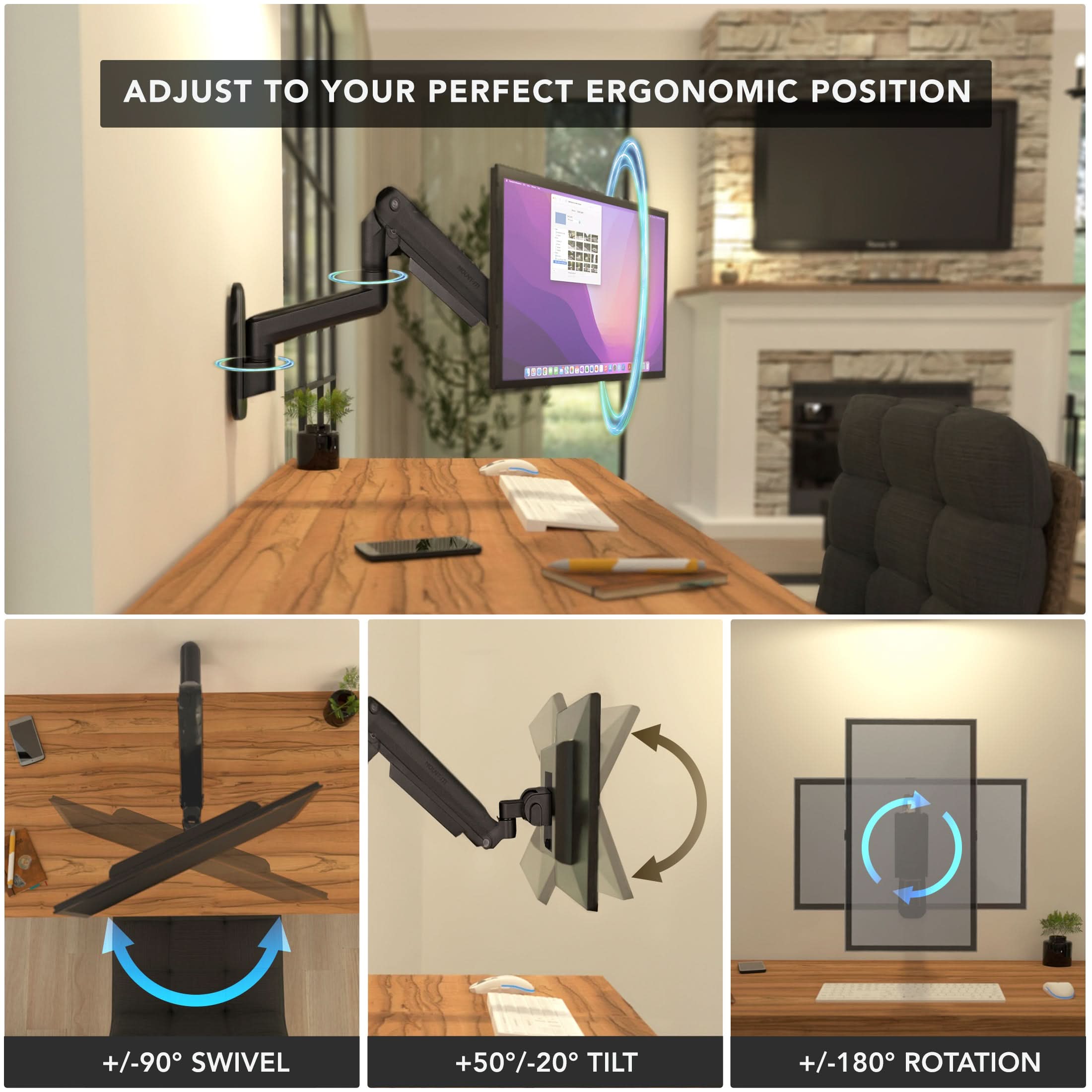 Mount-It! Heavy-Duty Monitor Wall Mount with Gas Spring Arm for monitors up to 49" Ultrawide | holds up to 44 lbs | MI-12009 - Thumbnail 5