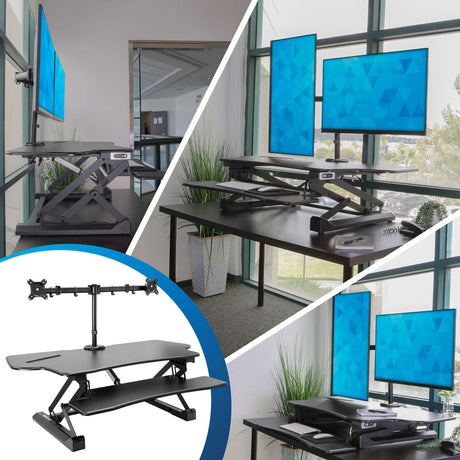 Black Desk Converters - Large Electric Sit-Stand Desk Converter with Dual Monitor Mount - Mount-It! - MI-8054