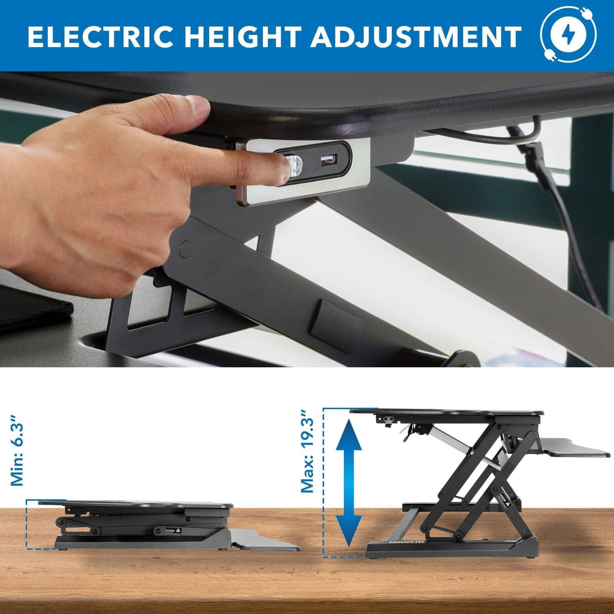 Black Desk Converters - Large Electric Sit-Stand Desk Converter with Dual Monitor Mount - Mount-It! - MI-8054