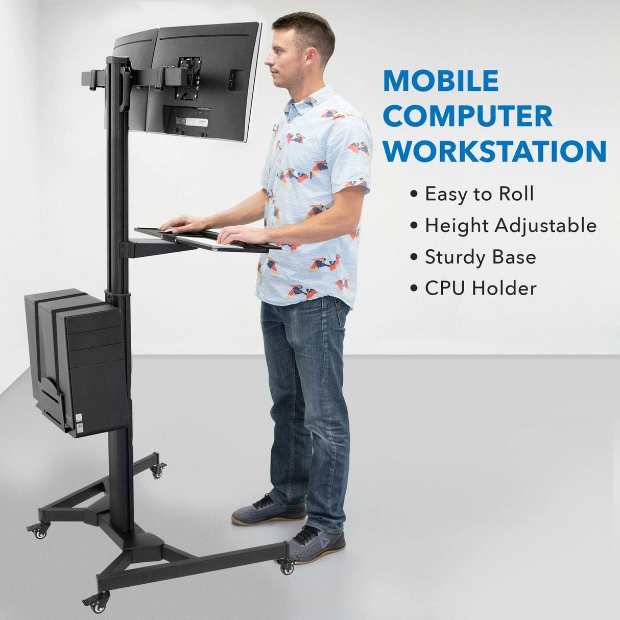 Black Mobile Standing Desk - Mobile PC Workstation for Dual Monitors - Mount-It! - MI-7986