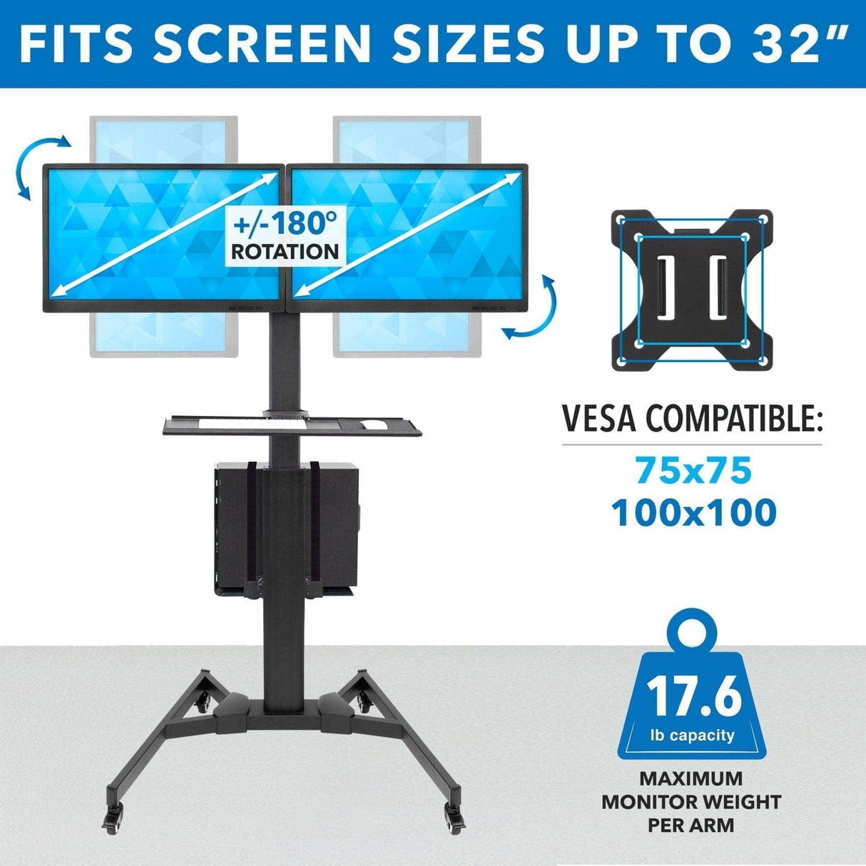 Black Mobile Standing Desk - Mobile PC Workstation for Dual Monitors - Mount-It! - MI-7986