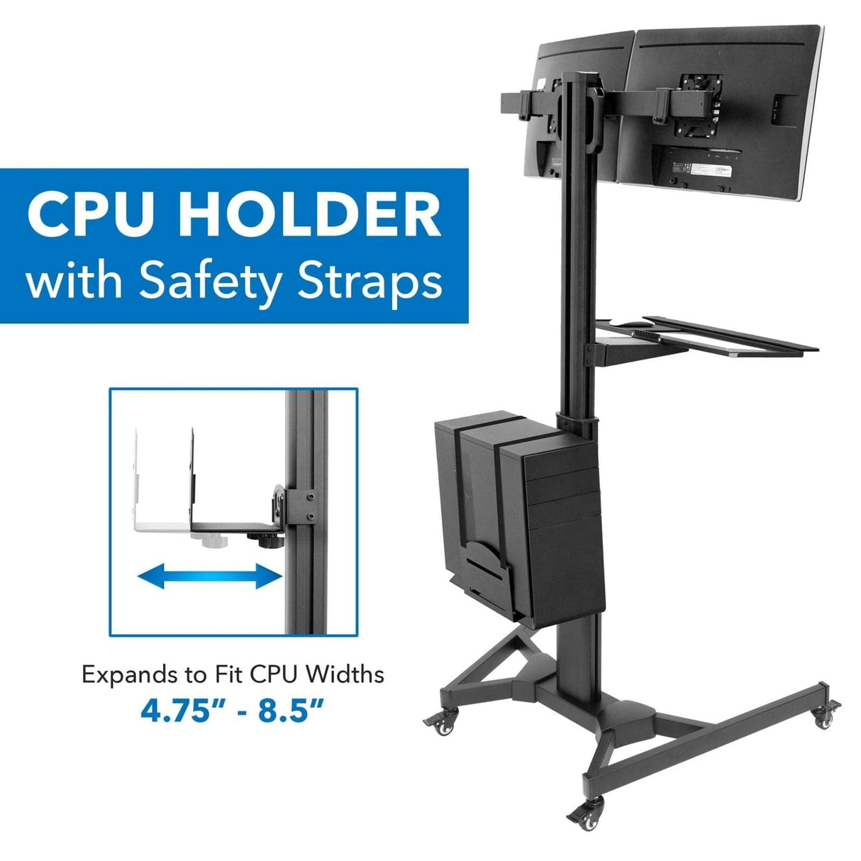 Black Mobile Standing Desk - Mobile PC Workstation for Dual Monitors - Mount-It! - MI-7986