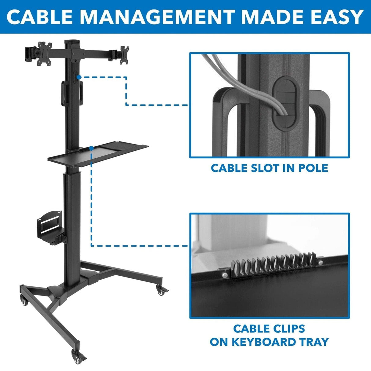 Black Mobile Standing Desk - Mobile PC Workstation for Dual Monitors - Mount-It! - MI-7986