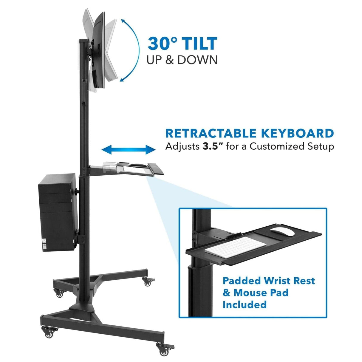 Black Mobile Standing Desk - Mobile PC Workstation for Dual Monitors - Mount-It! - MI-7986