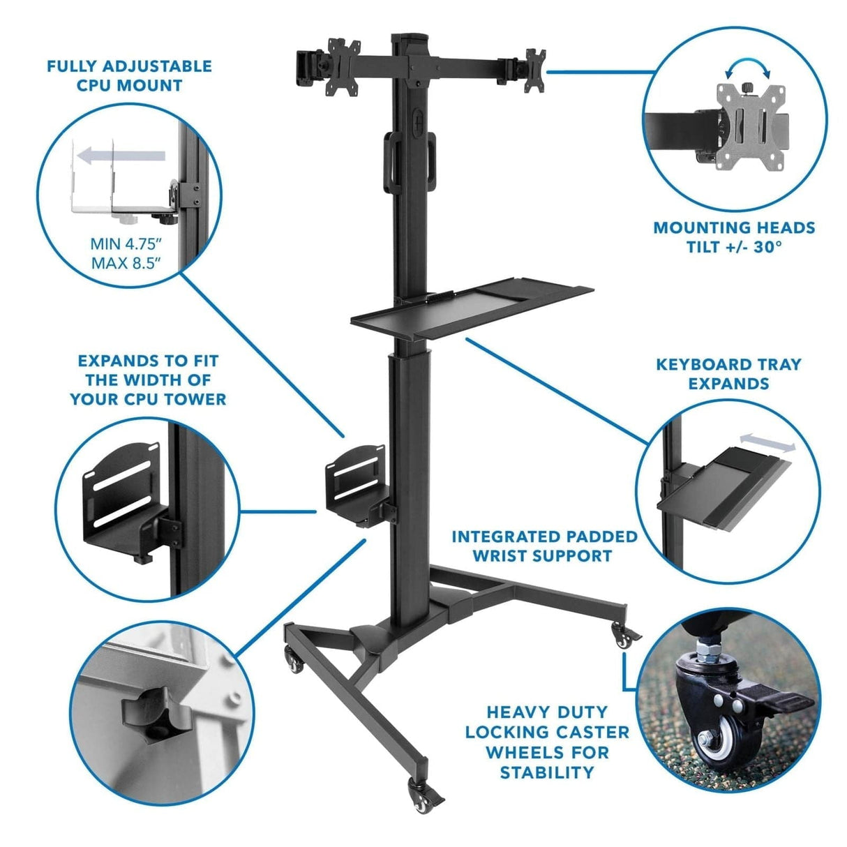 Black Mobile Standing Desk - Mobile PC Workstation for Dual Monitors - Mount-It! - MI-7986