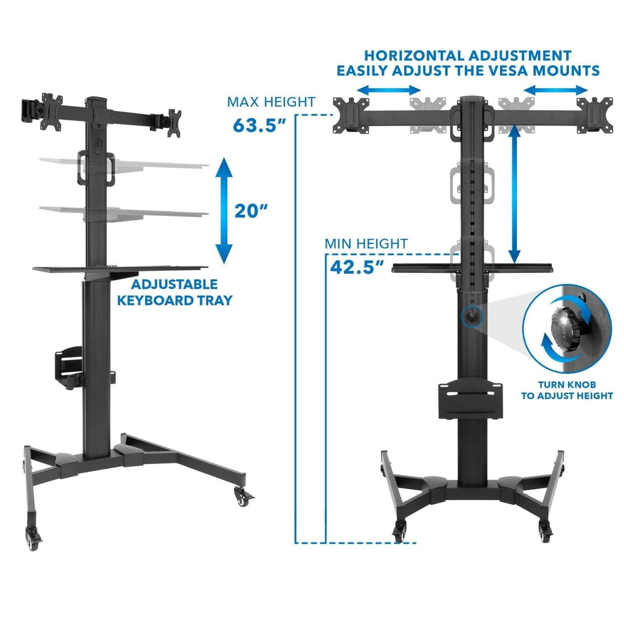Black Mobile Standing Desk - Mobile PC Workstation for Dual Monitors - Mount-It! - MI-7986