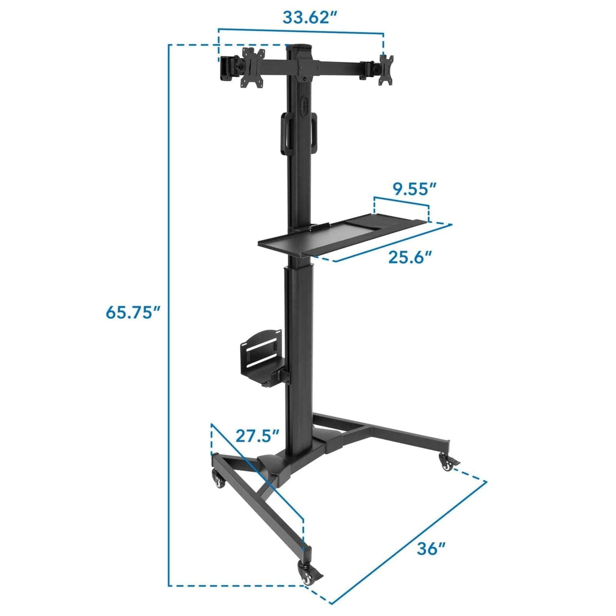 Black Mobile Standing Desk - Mobile PC Workstation for Dual Monitors - Mount-It! - MI-7986