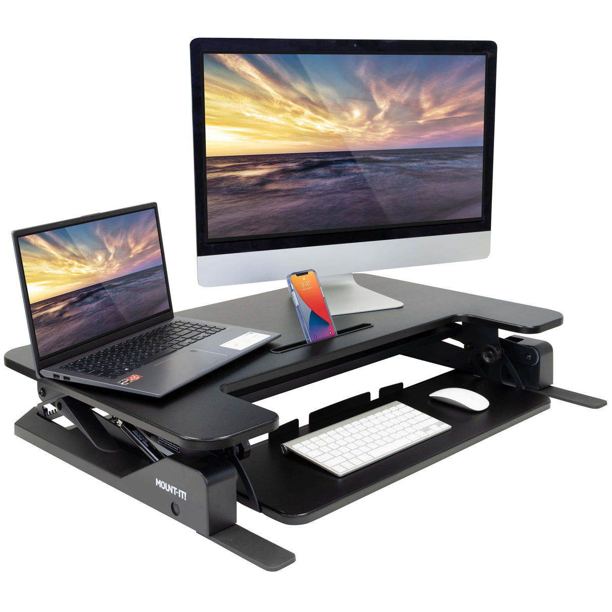 Black Desk Converters - Wide Standing Desk Converter with Gas Spring - Mount-It! - MI-7926