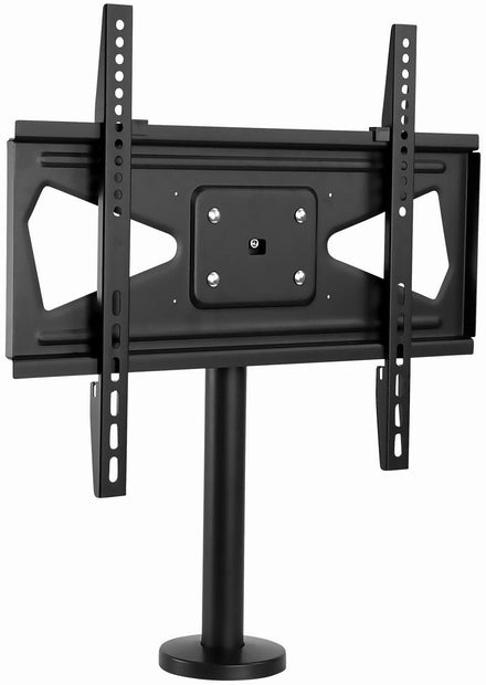 The Mount-It! Bolt Down TV Stand is a black adjustable TV mount bracket with a central support pole, slotted arms, and multiple screw holes for secure, heavy-duty attachment of flat-screen televisions.