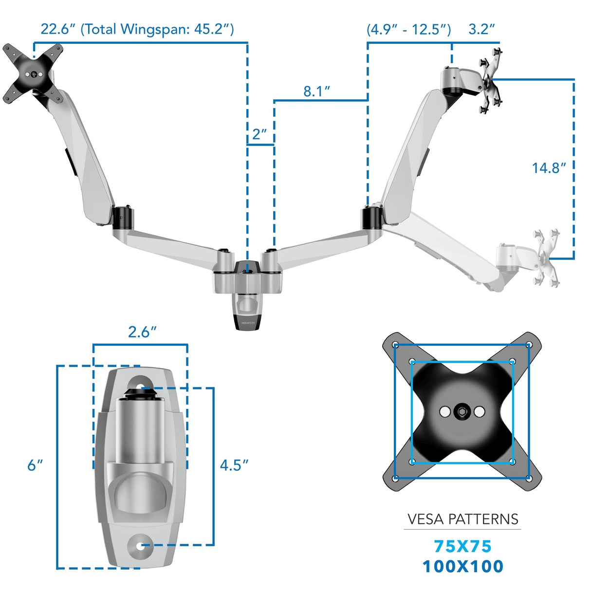 Monitor Mount - CLiX Series Full Motion Dual Monitor Wall Mount with Gas Spring Arms - Mount-It! -