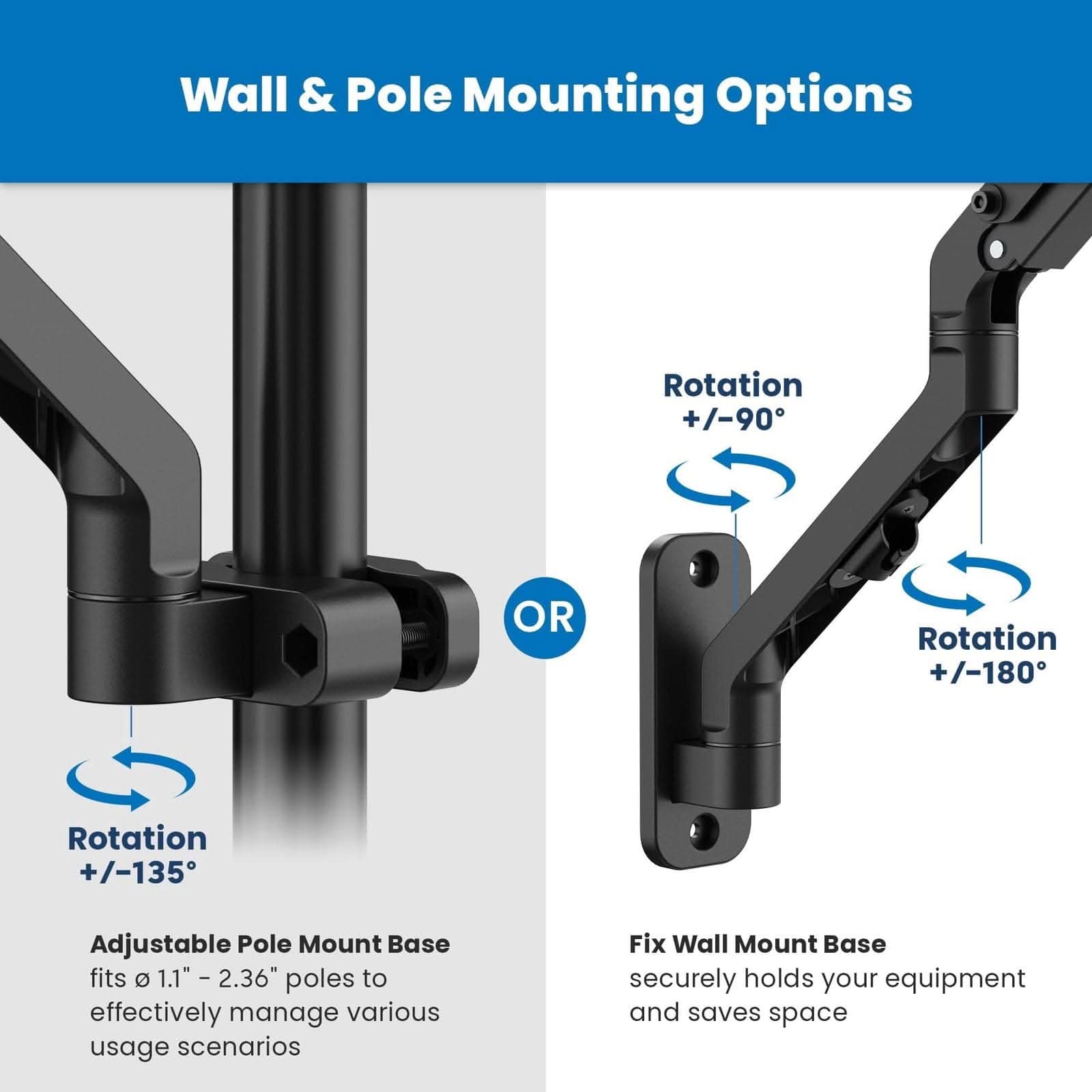 Mount-It! Counterbalance Monitor Arm for Wall and Pole Mounting for monitors up to 32" | holds up to 15.4 lbs | MI-1765 - Thumbnail 4