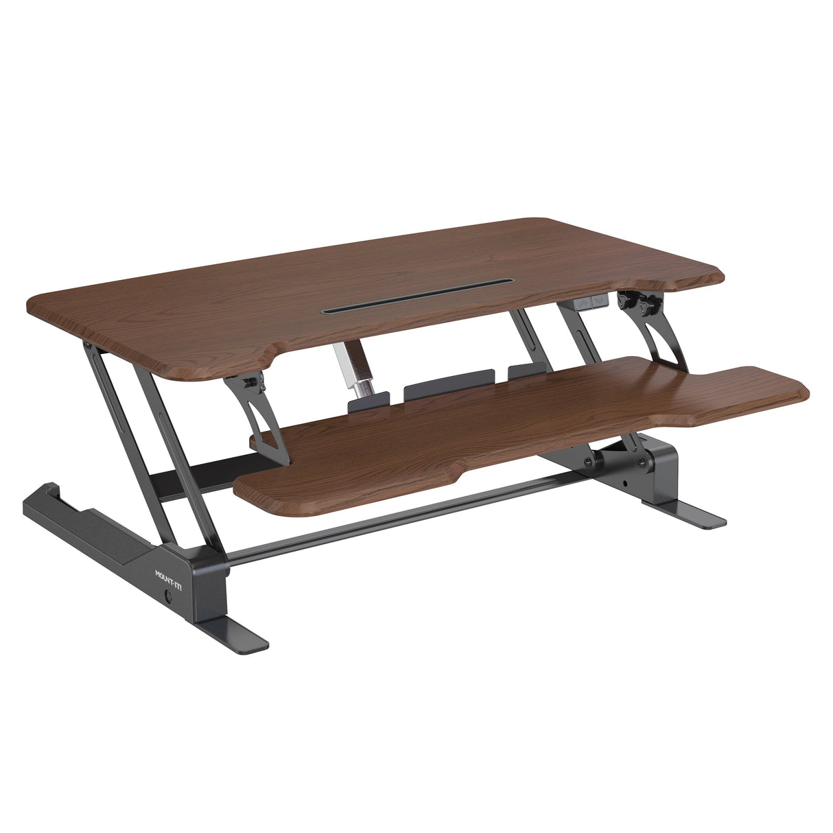 Dark Walnut Woodgrain Desk Converters - Electric Standing Desk Converter with 38" Desktop - Mount-It! - MI-8011