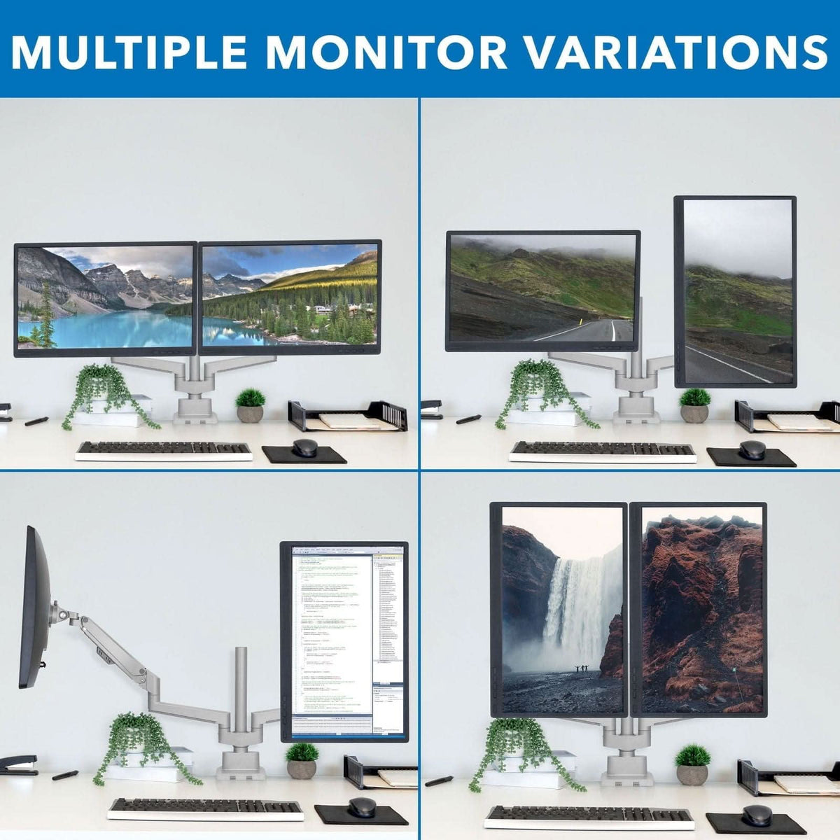 Desk Motion Shell Full Motion Dual Monitor Desk Mount, Height Adjustable with Gas Spring