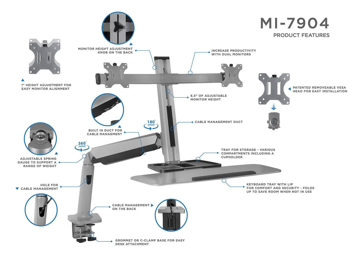 Grey Desk Converters - Dual Monitor Stand Up Workstation - Mount-It! - MI-7904