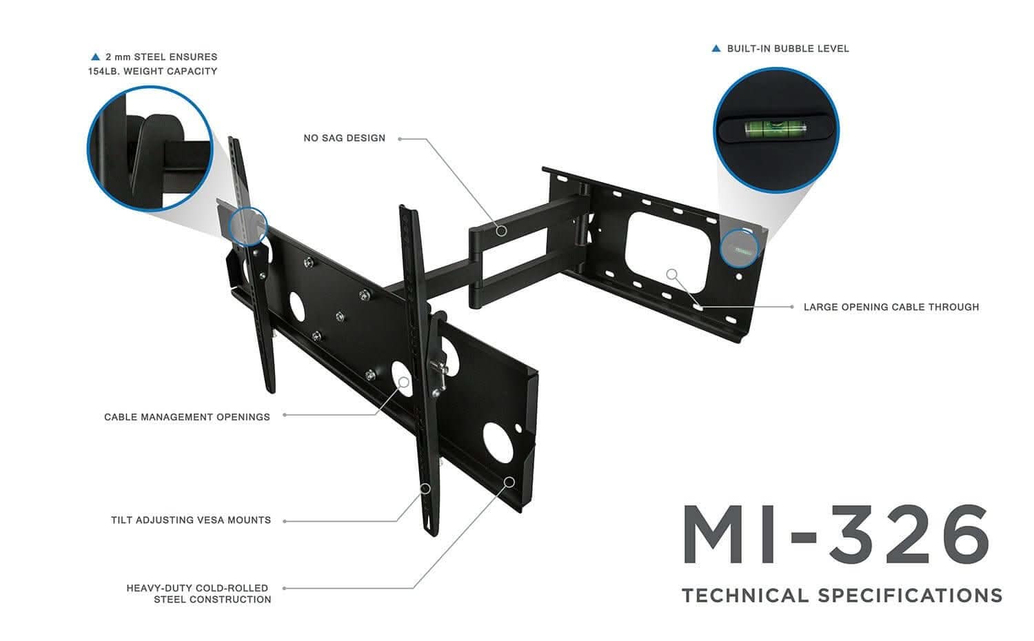 Mount-It! Heavy Duty Low Profile Full Motion TV Wall Mount with Long Extension for 24" to 75" TVs | holds up to 175 lbs | MI-326B - Thumbnail 4