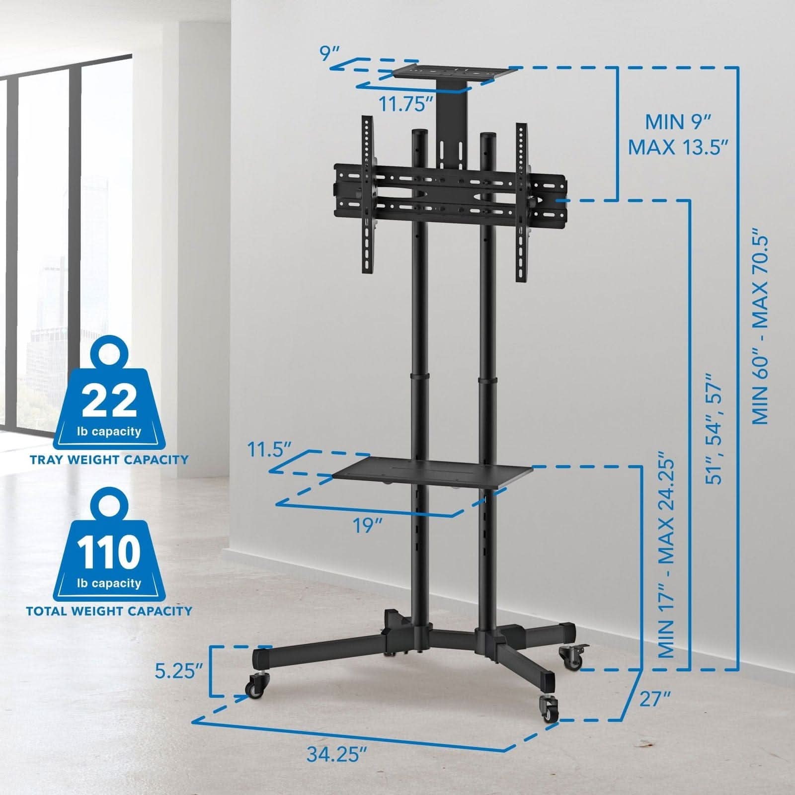 Mount-It! Height Adjustable Mobile TV Cart & Shelf for 32" to 70" TVs | holds up to 110 lbs | MI-876 - Thumbnail 5