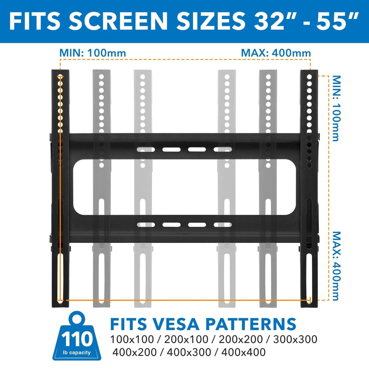 TV Stand - Height Adjustable TV Floor Stand with Mount | 2 Tempered Glass Shelves - Mount-It! - MI-1860