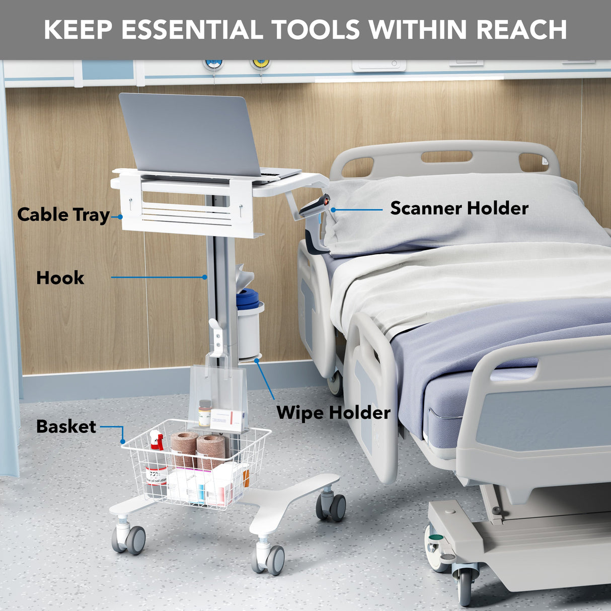 Mobile Standing Desk - MedHub Laptop Cart with Security Bar - Mount-It! - MI-16029