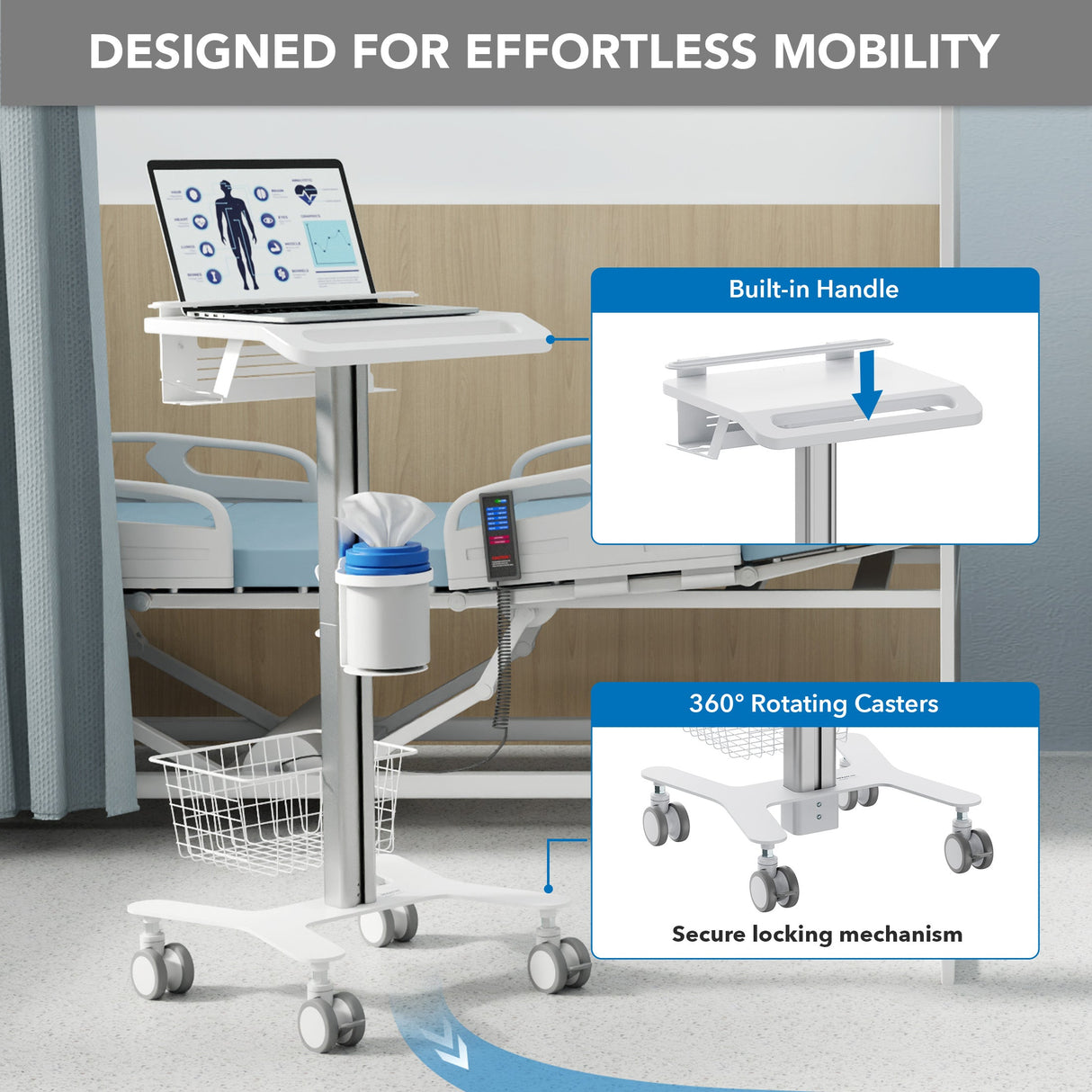 Mobile Standing Desk - MedHub Laptop Cart with Security Bar - Mount-It! - MI-16029
