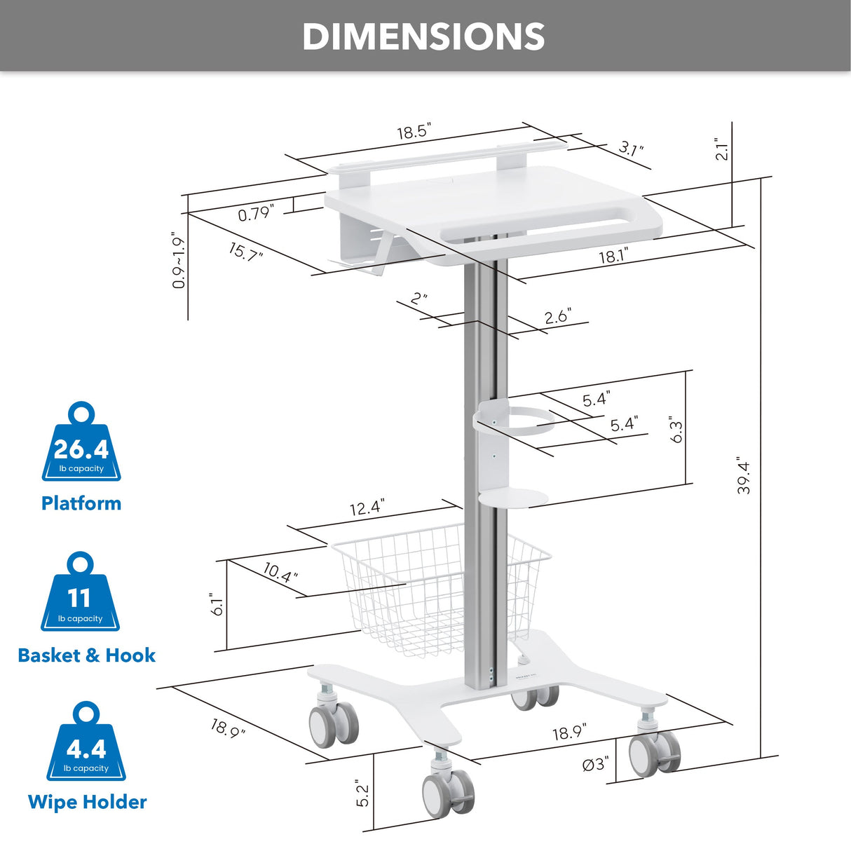 Mobile Standing Desk - MedHub Laptop Cart with Security Bar - Mount-It! - MI-16029