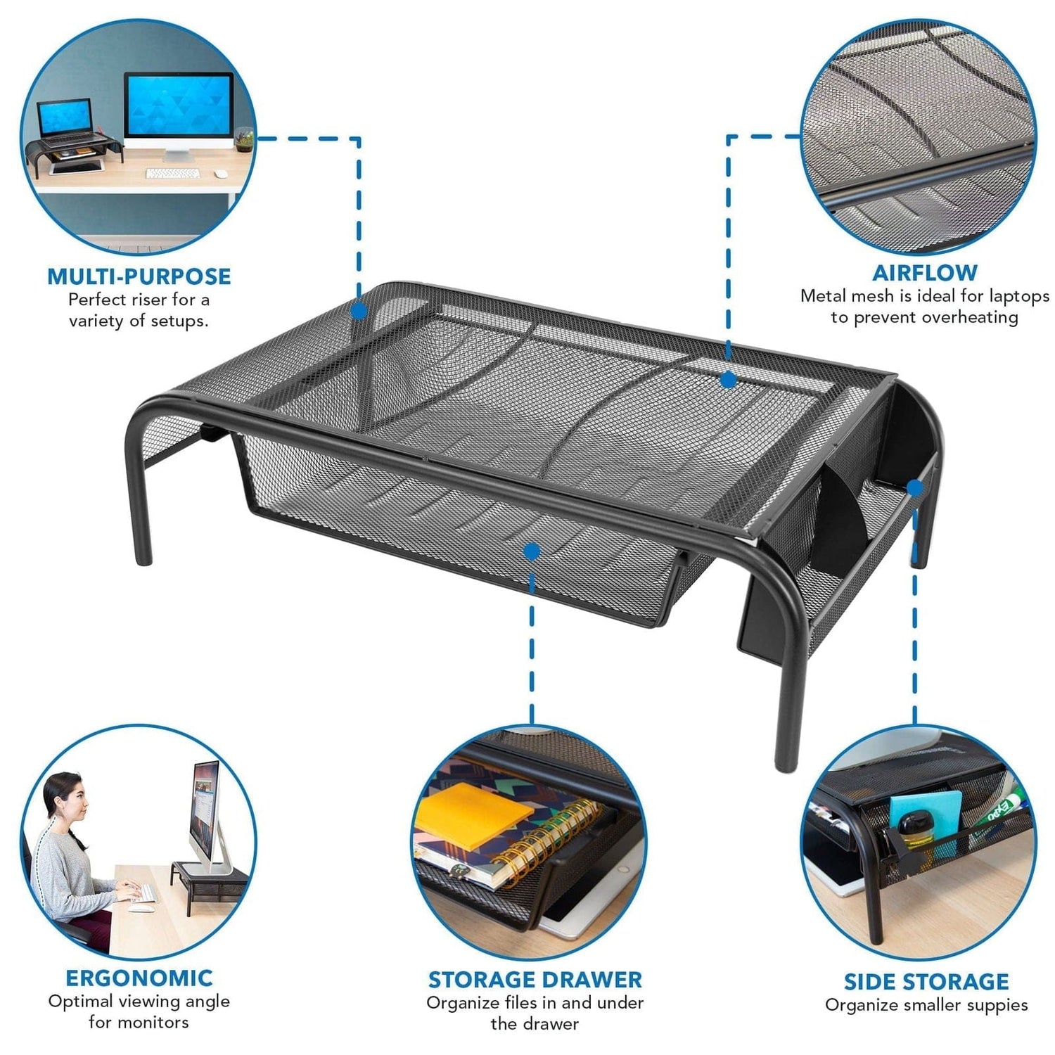 Slotted Riser Computer Monitor Mount Metal Mesh Computer Monitor Stand and Riser with Pullout Drawer