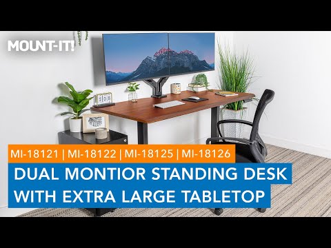 Dual monitor standing desk with woodgrain tabletop MI-18121 Features Video