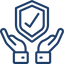 Outline of two open hands positioned upward supporting a shield with a checkmark inside, representing protection, security, or assurance in a simple, minimalistic style with solid blue lines on a transparent background.