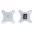 Two silver Mount-It! Replacement Monitor VESA Plates are shown: the left fits 100x100mm VESA with two center screws, while the right has a black bracket labeled "TOP" attached at the center.