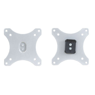 Two silver Mount-It! Replacement Monitor VESA Plates are shown: the left fits 100x100mm VESA with two center screws, while the right has a black bracket labeled "TOP" attached at the center.