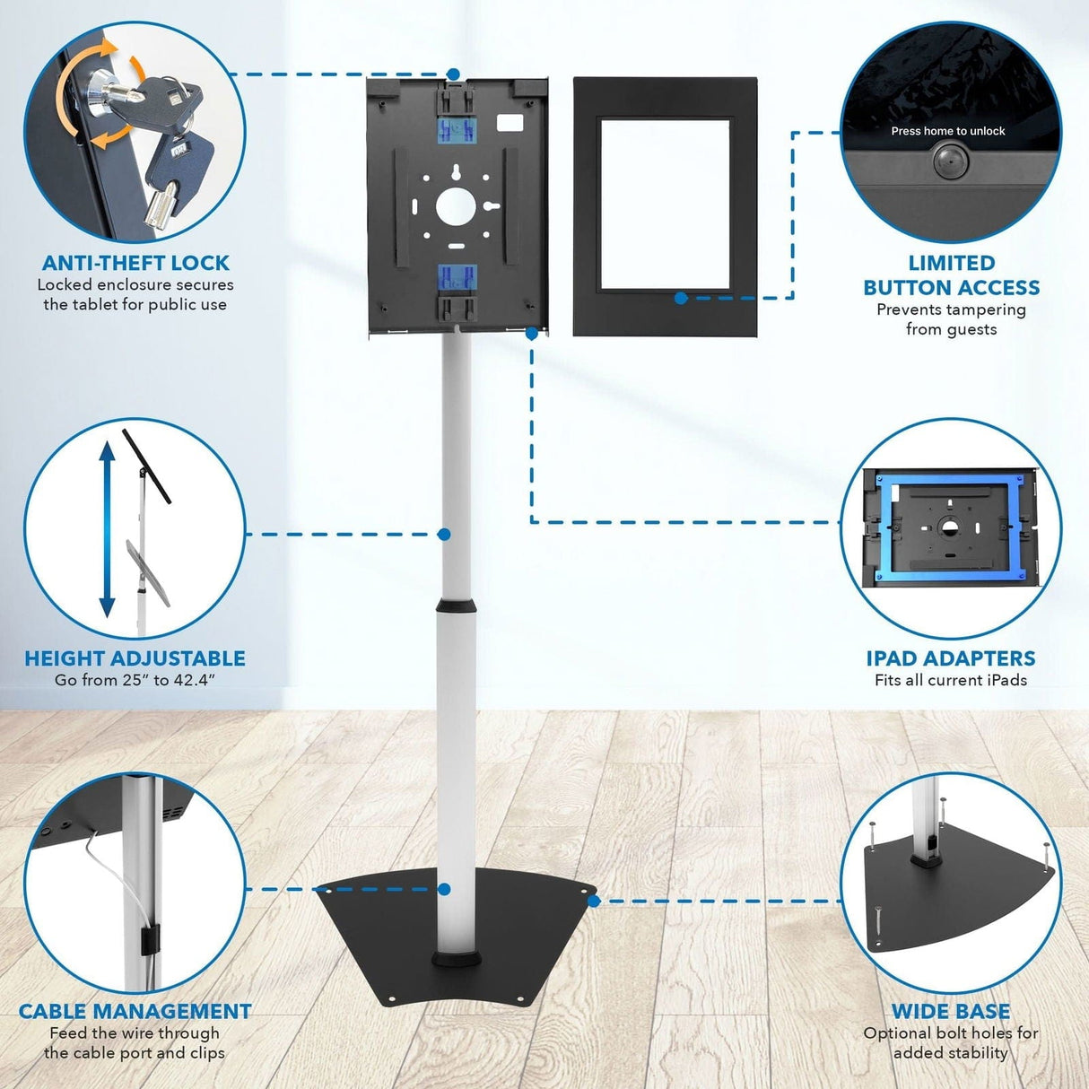 Silver Tablet Stand - Anti-Theft Tablet Floor Stand with Height Adjustment - Mount-It! - MI-3783_G10