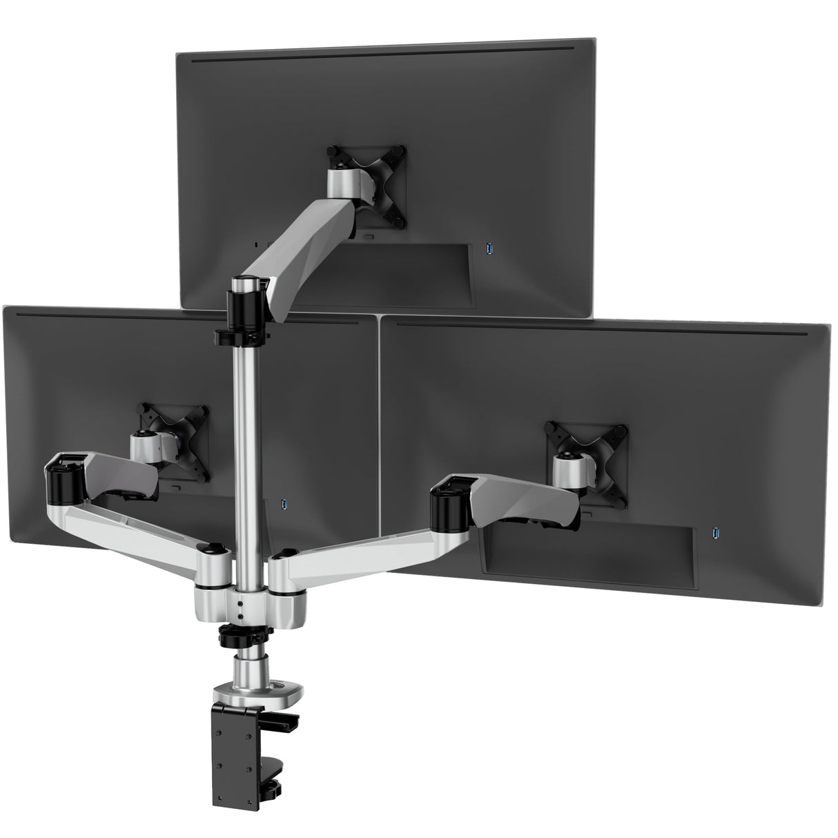 Silver Monitor Mount - CLiX Series Full Motion Triple Pyramid Monitor Desk Mount with Gas Spring Arms - Mount-It! - MI-55116