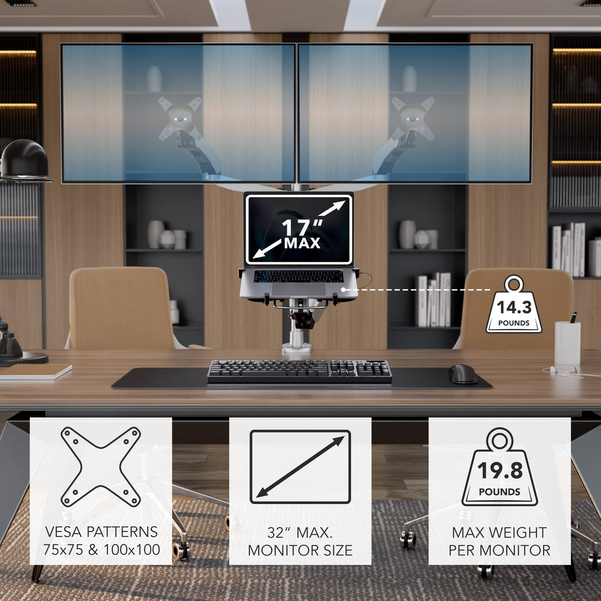 Silver Monitor Mount - Full Motion Dual Monitor + Laptop Mount with Cooling Fan - Mount-It! - MI-75826