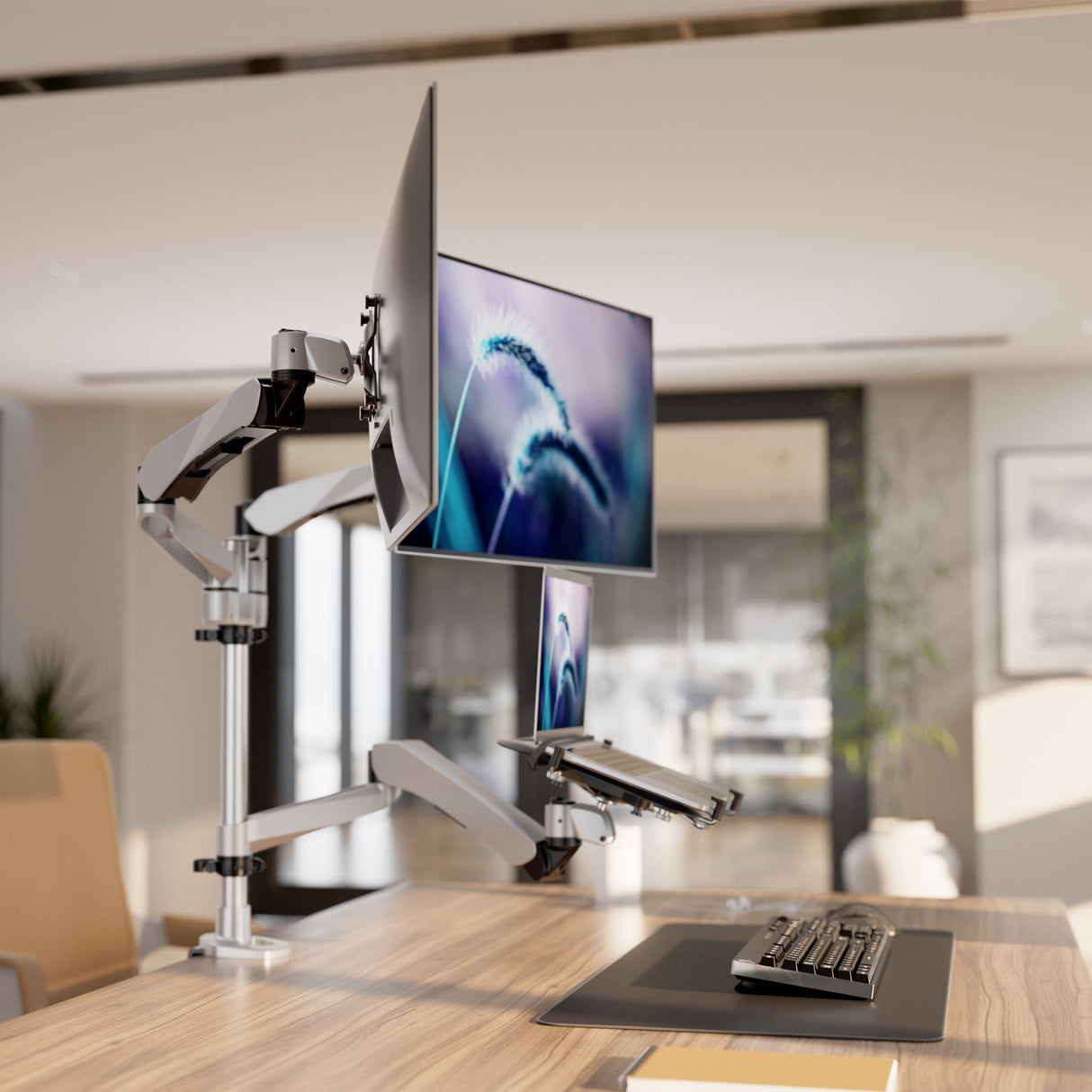 Silver Monitor Mount - Full Motion Dual Monitor + Laptop Mount with Cooling Fan - Mount-It! - MI-75826