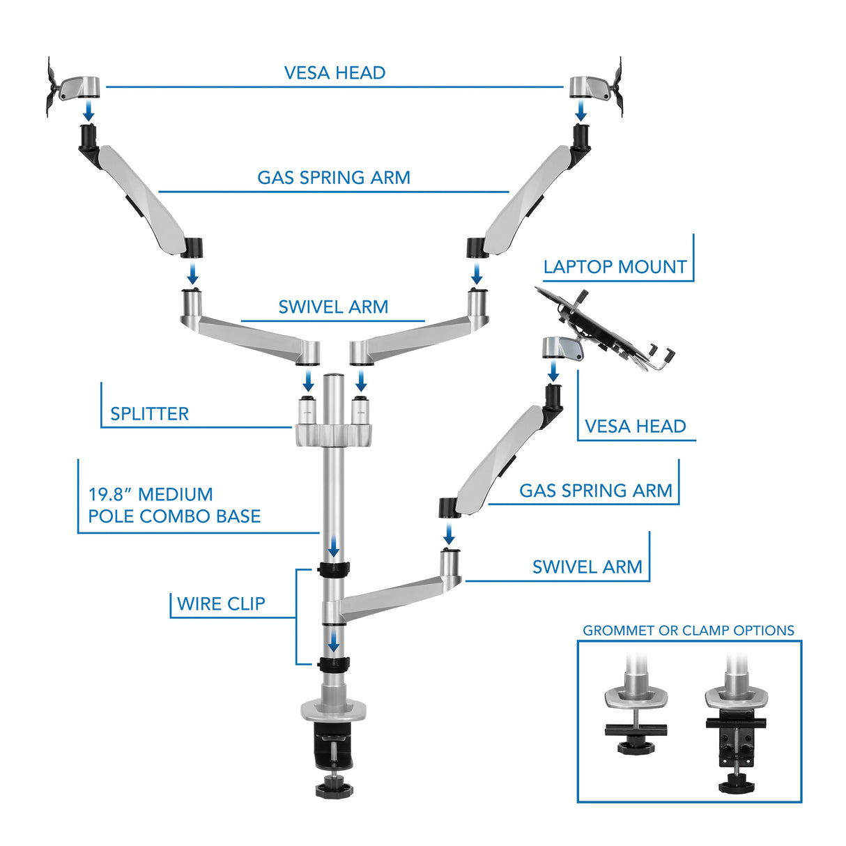 Silver Monitor Mount - Full Motion Dual Monitor + Laptop Mount with Cooling Fan - Mount-It! - MI-75826
