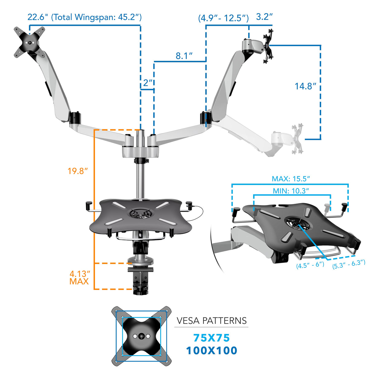 Silver Monitor Mount - Full Motion Dual Monitor + Laptop Mount with Cooling Fan - Mount-It! - MI-75826