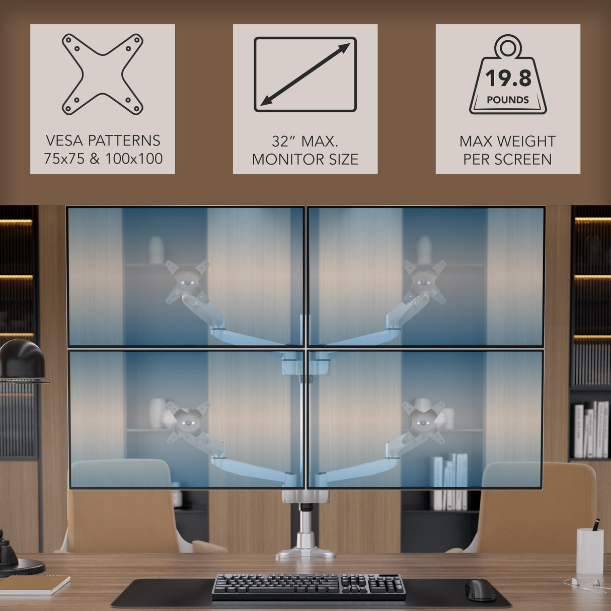 Silver Monitor Mount - Full Motion Quad Monitor Desk Mount - Mount-It! - MI-63156