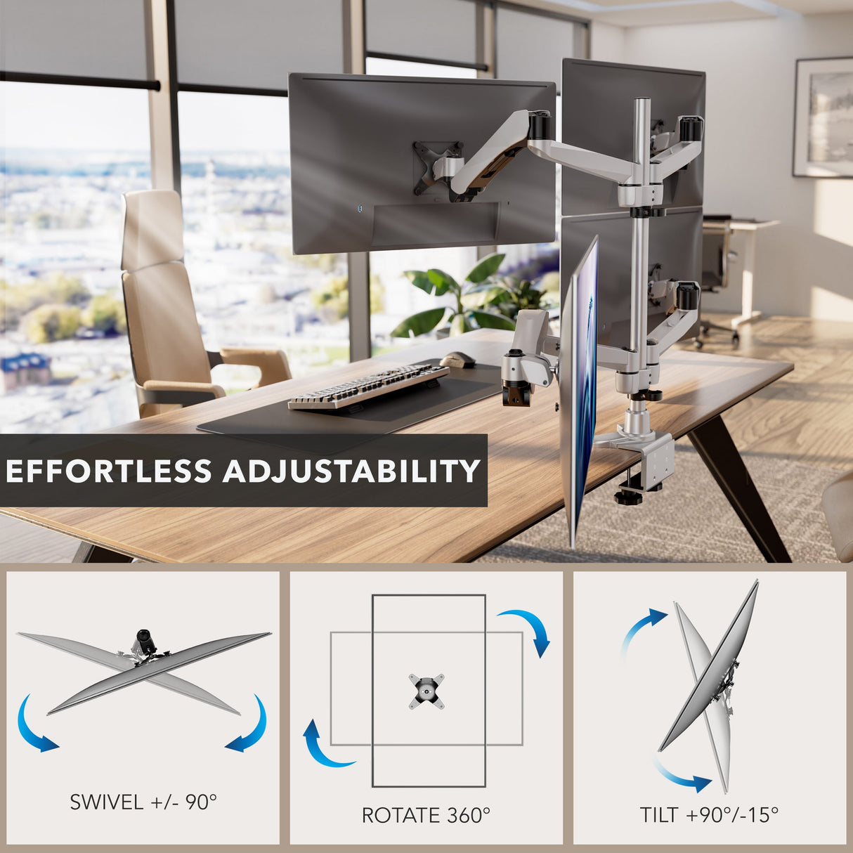 Silver Monitor Mount - Full Motion Quad Monitor Desk Mount with Gas Spring Arms - Mount-It! - MI-65156