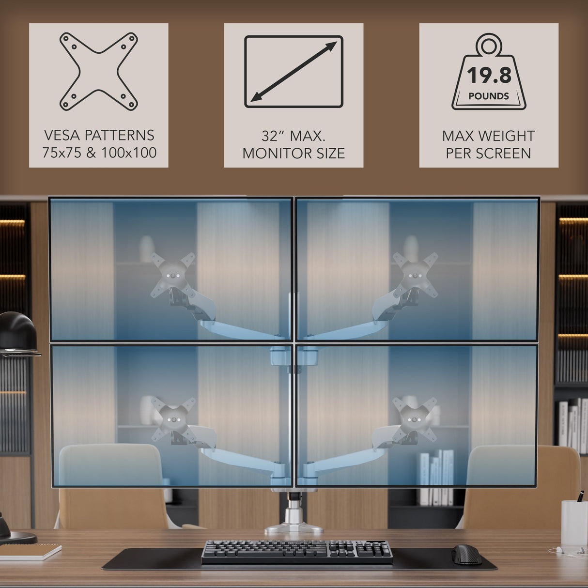 Silver Monitor Mount - Full Motion Quad Monitor Desk Mount with Gas Spring Arms - Mount-It! - MI-65156