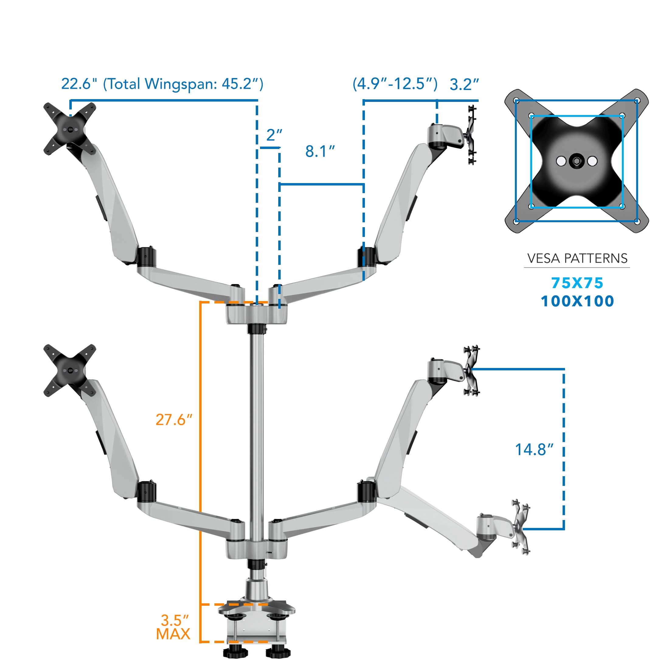 Mount-It! Full Motion Quad Monitor Desk Mount with Gas Spring Arms