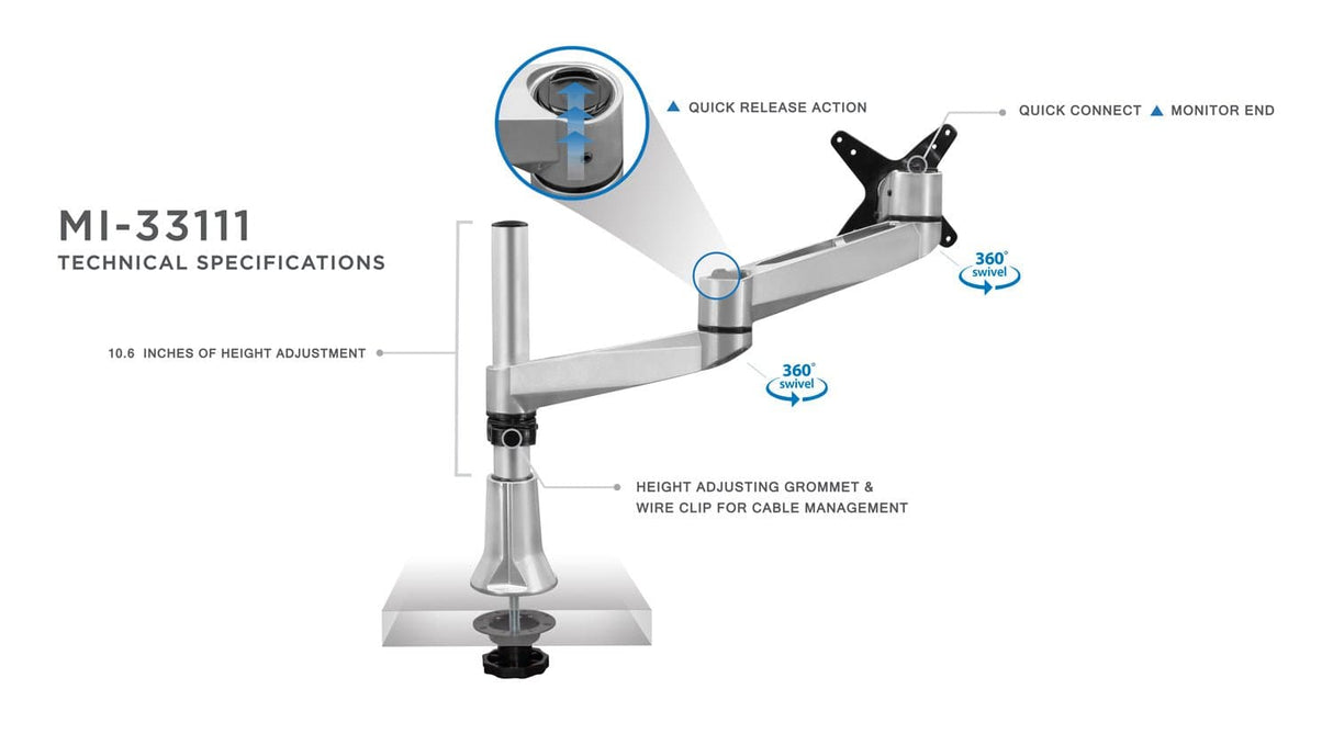 Silver Monitor Mount - Full Motion Single Dual-Segment Monitor Desk Mount - Mount-It! - MI-33111