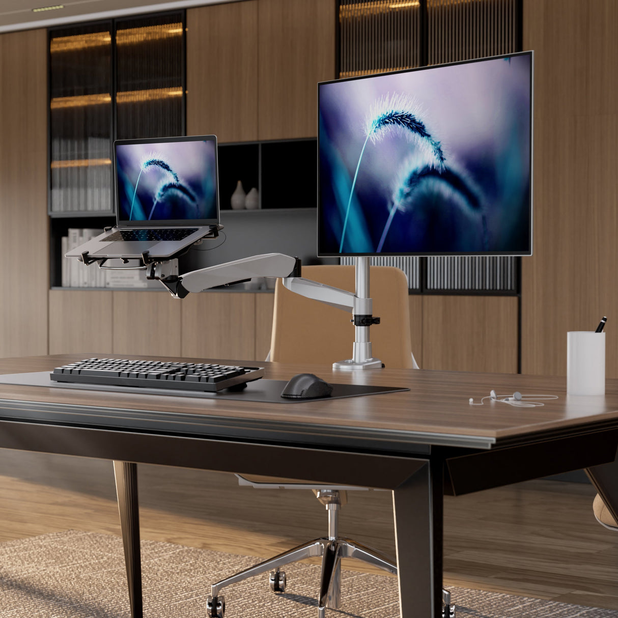 Silver Monitor Mount - Full Motion Single Monitor + Laptop Mount with Cooling Fan - Mount-It! - MI-75816