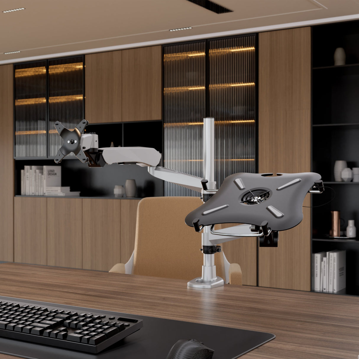 Silver Monitor Mount - Full Motion Single Monitor + Laptop Mount with Cooling Fan - Mount-It! - MI-75816