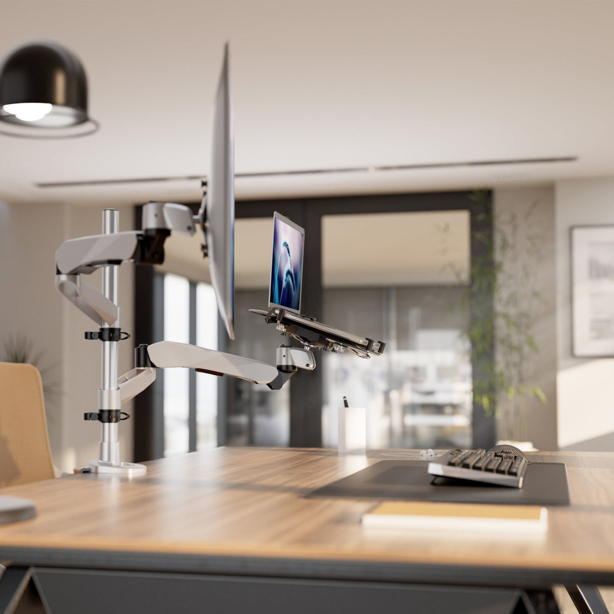 Silver Monitor Mount - Full Motion Single Monitor + Laptop Mount with Cooling Fan - Mount-It! - MI-75816