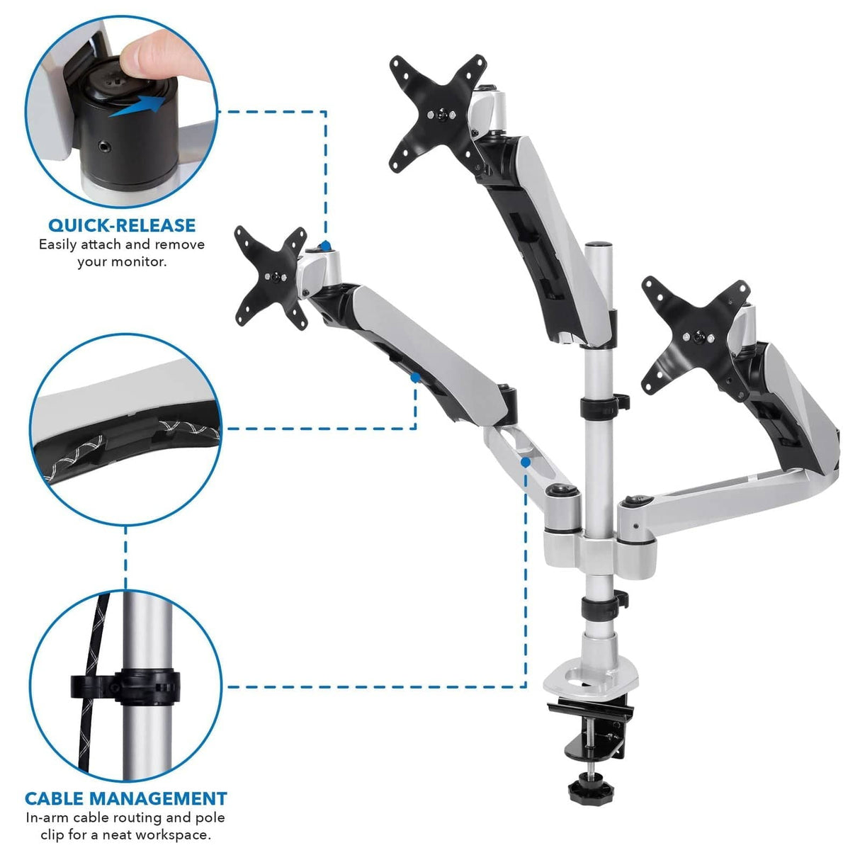 Silver Monitor Mount - Full-Motion Triple Monitor Desk Mount - Mount-It! - MI-55111