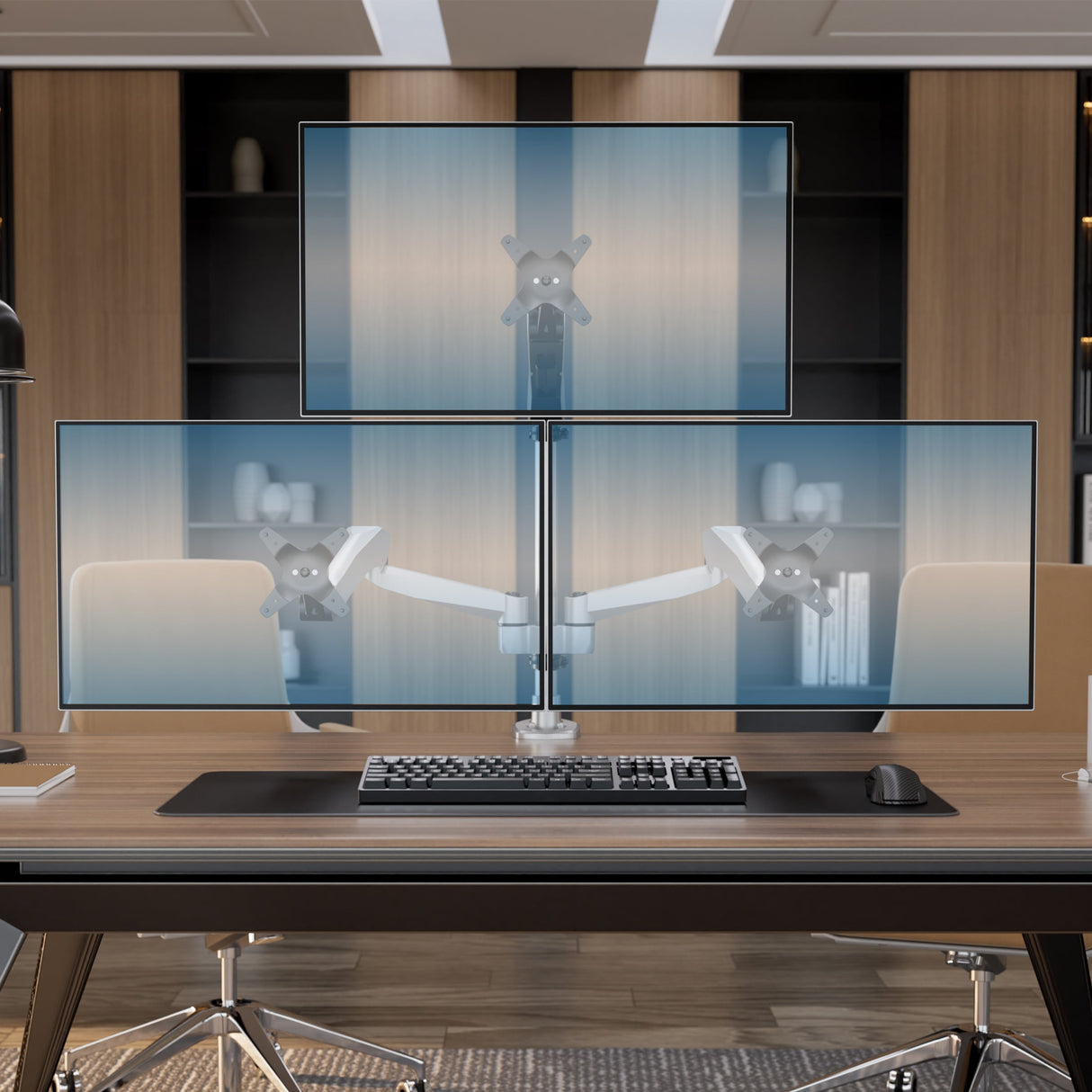 Silver Monitor Mount - Full Motion Triple Pyramid Monitor Desk Mount with Gas Spring Arms - Mount-It! - MI-55116
